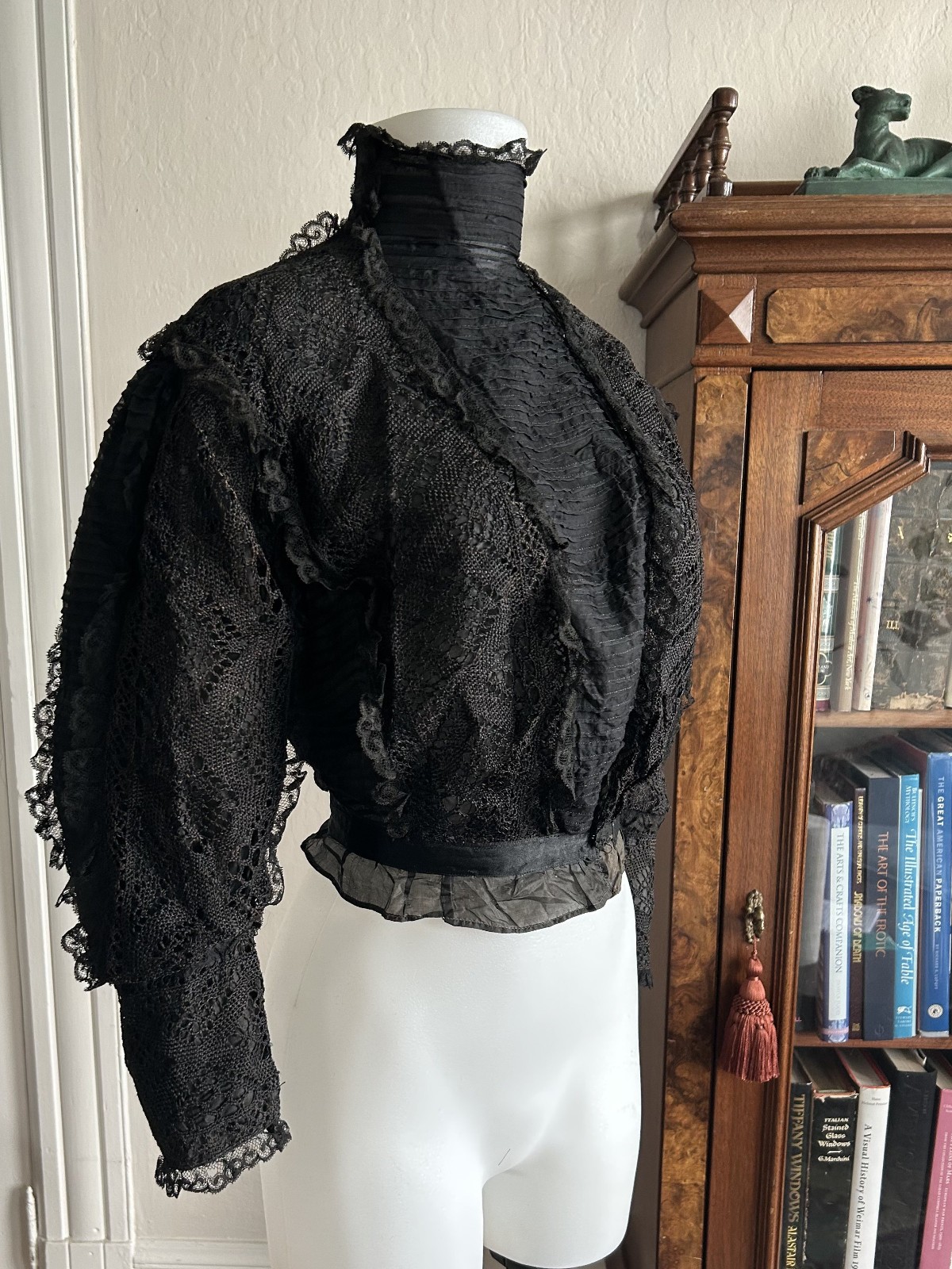 1890s Lace Black Victorian Blouse High Neck Antique Bodice Mourning Gothic XS