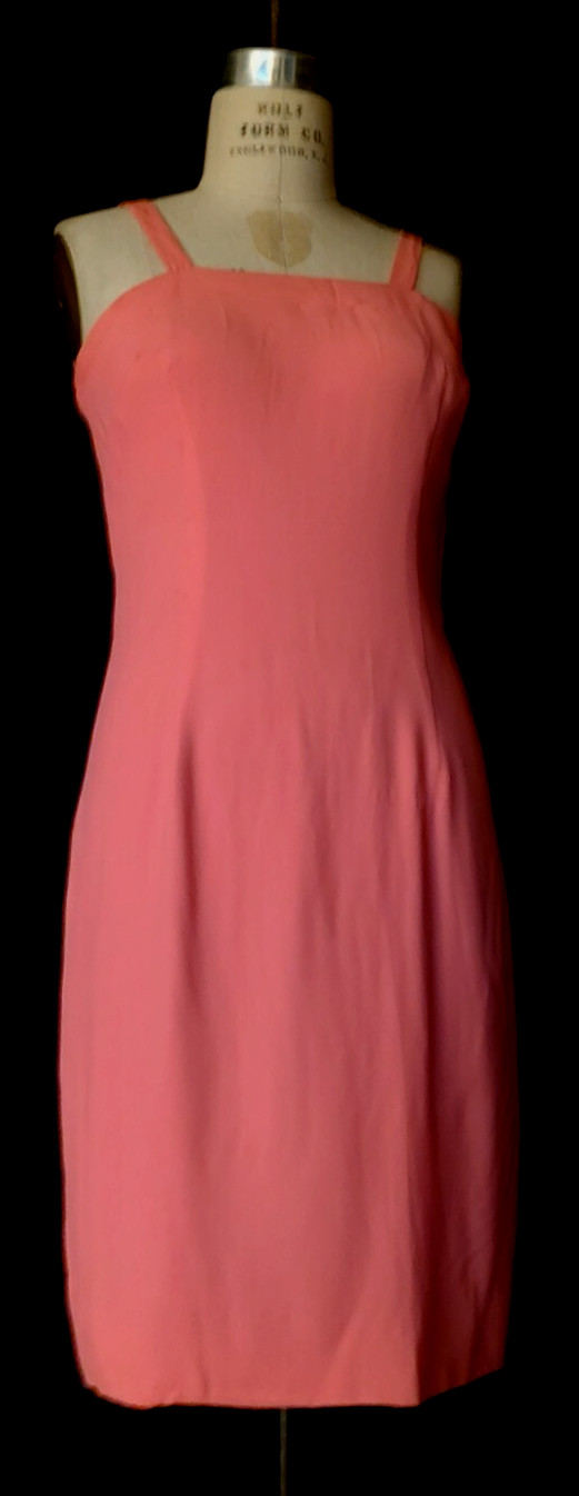 Vtg 1960s MCM Women’s PINK Crepe DRESS, Sleeveless w/ shoulder straps, sq Neck