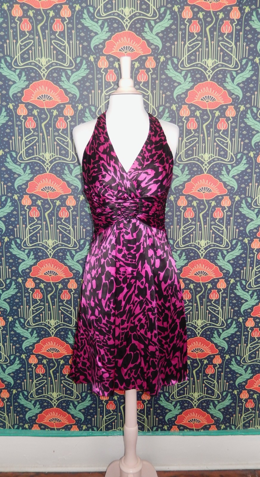 Vintage Y2K Magenta Black Silk Halter Cocktail Mini Dress 6