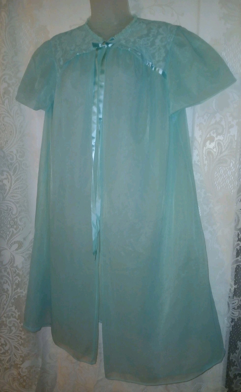 Vintage 50s Vanity Fair Teal Blue Double Chiffon Nylon Peignoir Robe Lingerie L