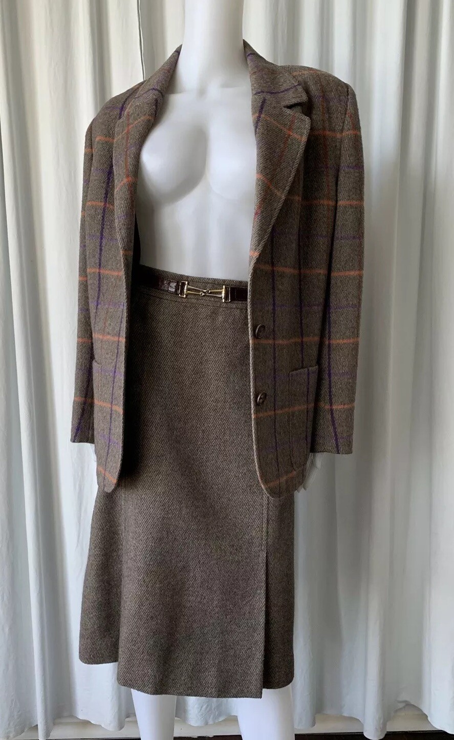 Vintage 70s Celine Plaid Skirt Suit Wool Made In Italy Size IT 46 US 10