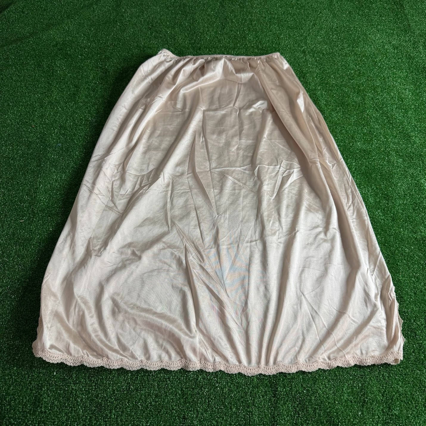 Vintage 70s Dixie Belle Beige Antron III Nylon Lace Hem Half Slip XL USA Made