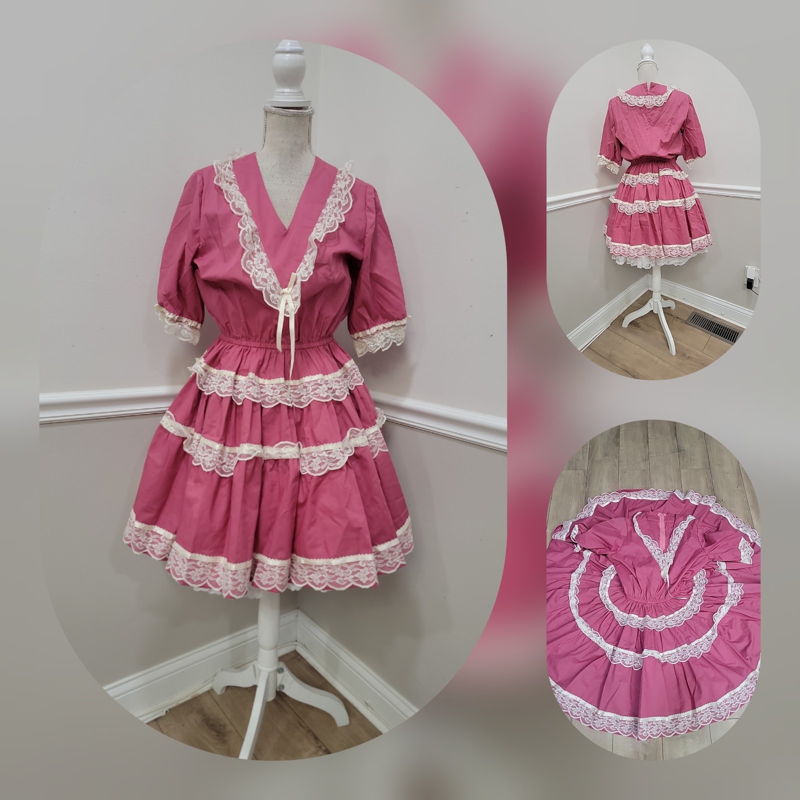 VTG Square Dance Dress Pink Prairie Ruffle Lace Fit & Flare Twirl Skirt Peasant