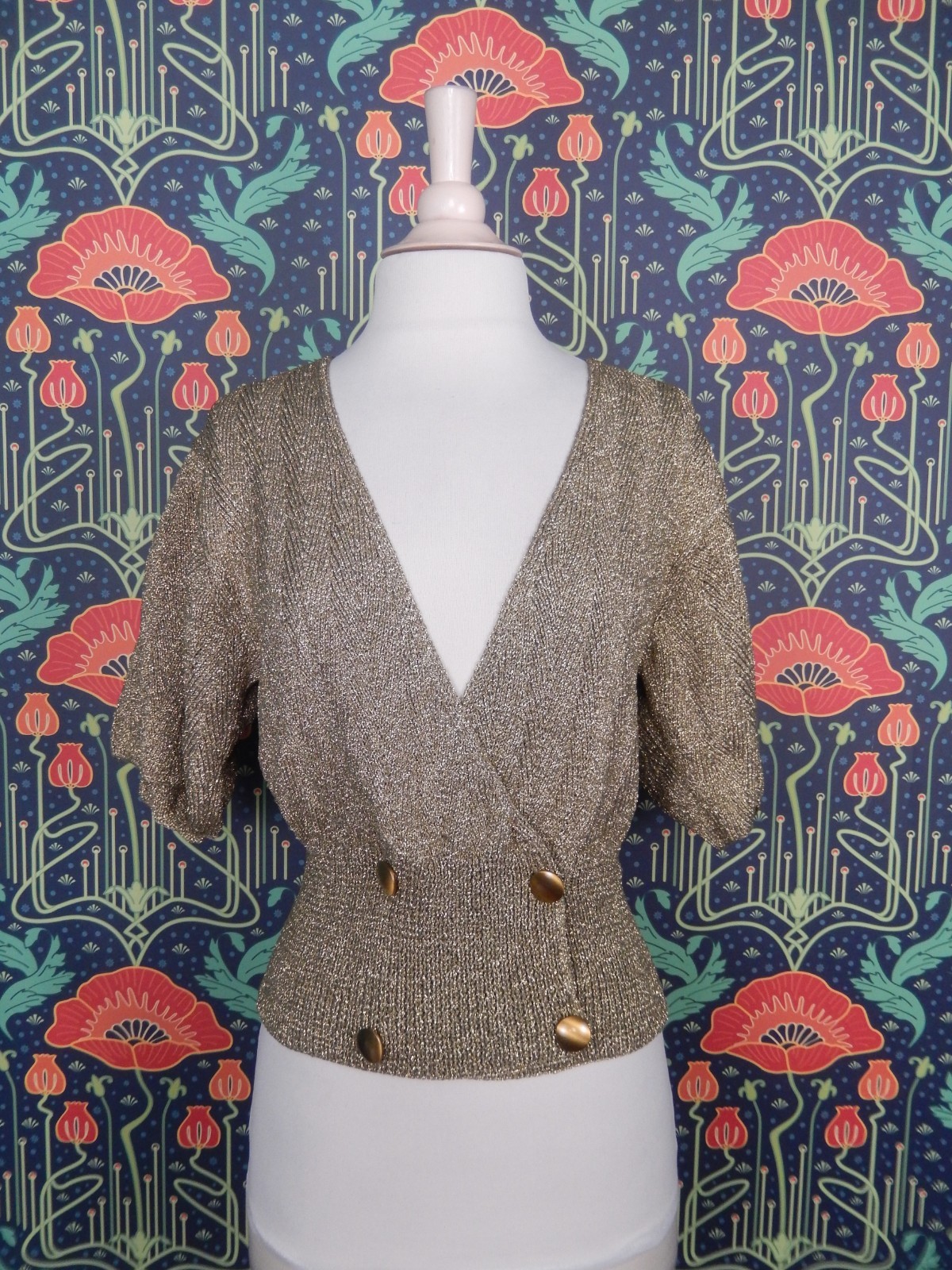 Vintage 80’s Perry Ellis Gold Hand Knit Short Sleeve Cardigan V-Neck Sweater Top