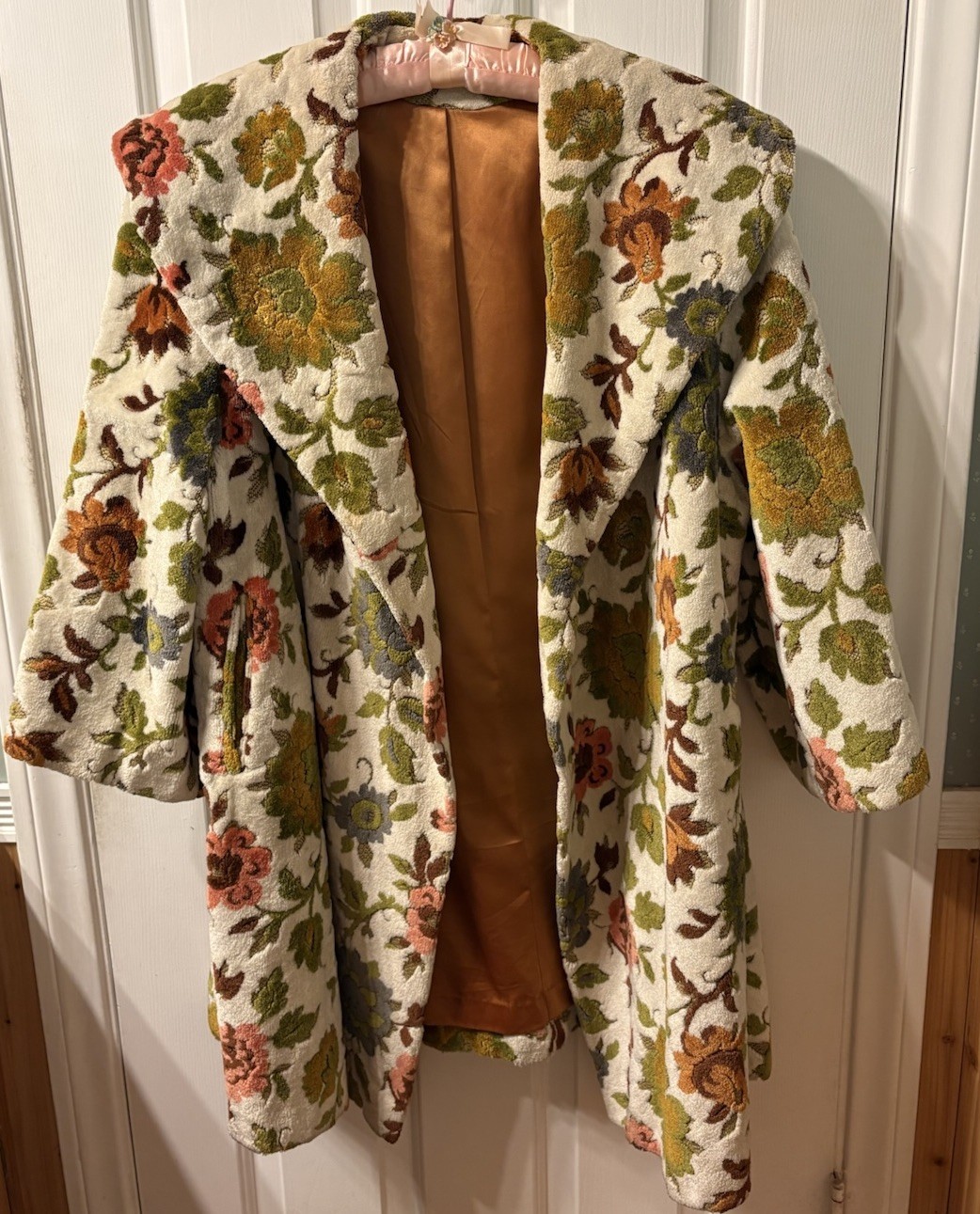 VTG Women’s Chenille Tapestry Carpet Coat Jacket floral/lined/pockets L 1950-60s