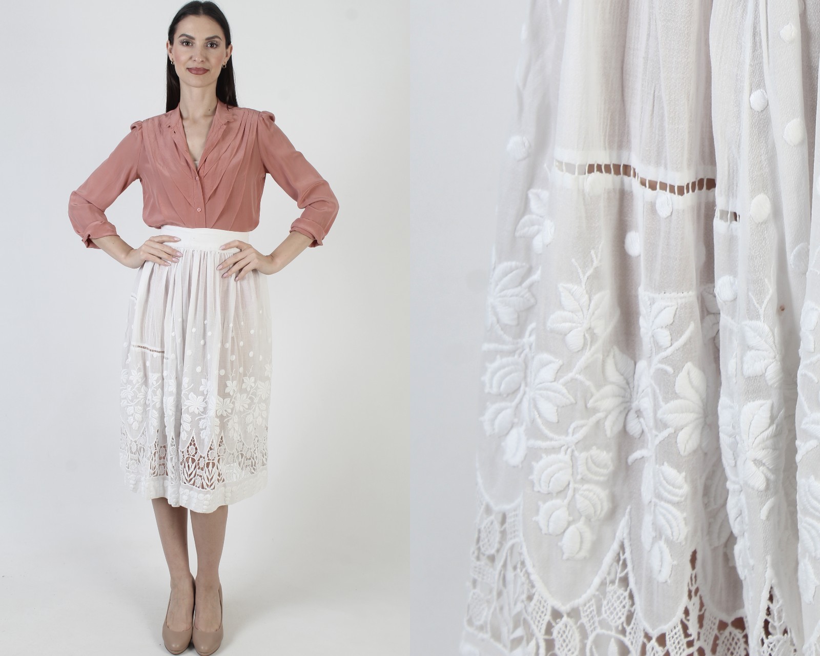 Vtg 1900s Edwardian Skirt White Victorian Antique Lawn Embroidered Tea Length