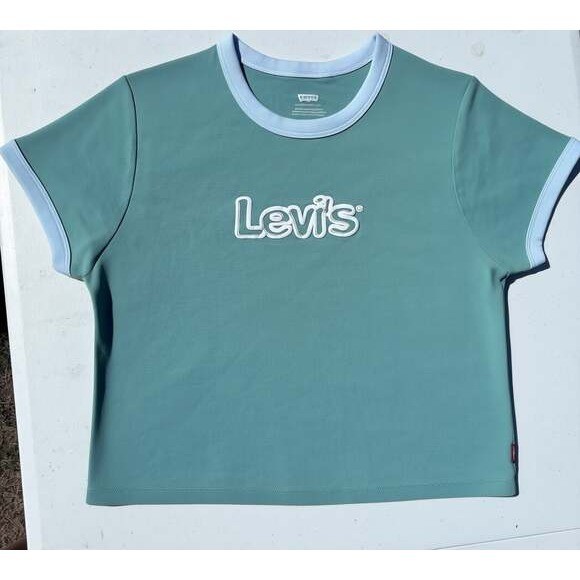 Levi’s Ringer T-Shirt Women XL Sage Green Embossed Bubble Logo Retro Tee