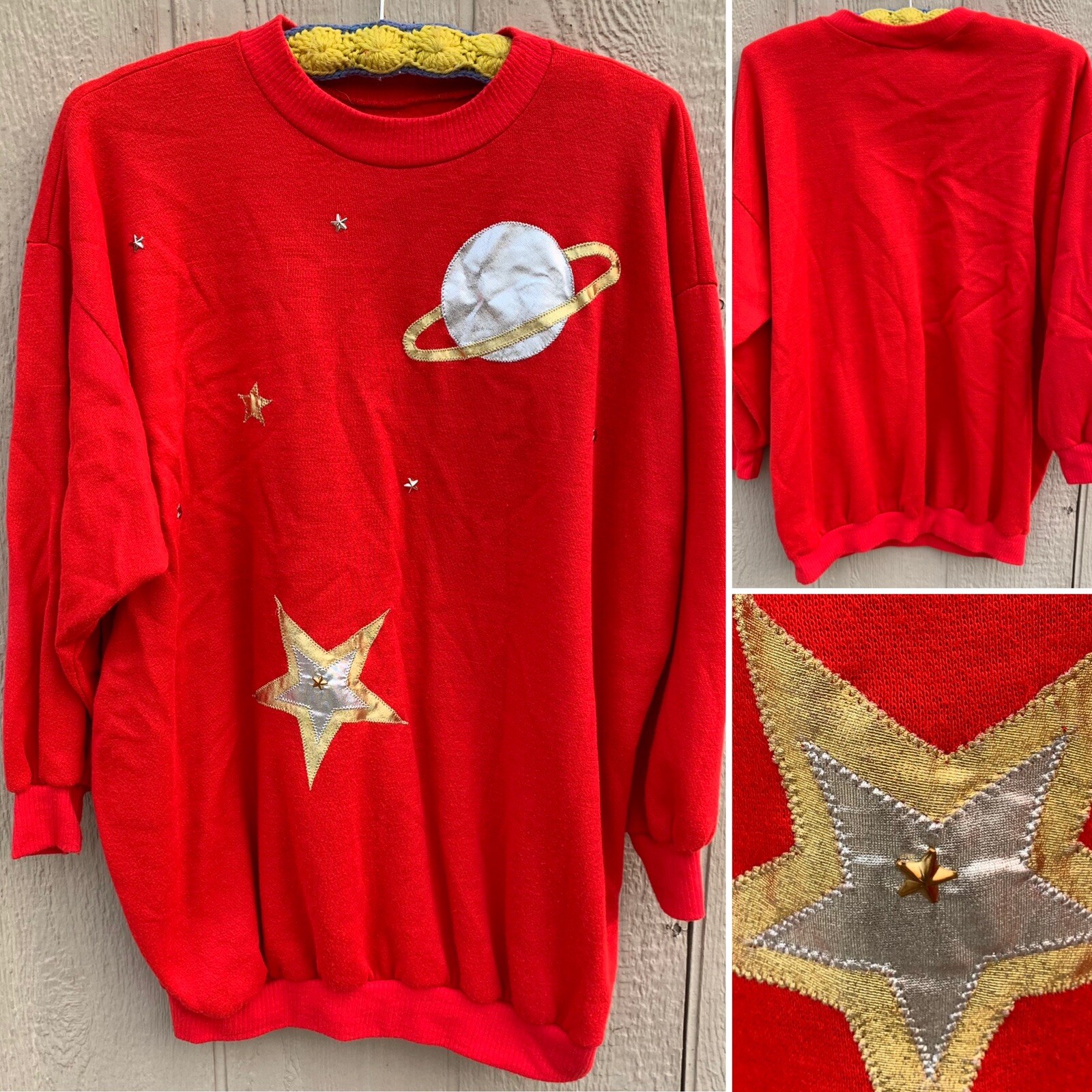 Vintage outerspace theme saturn stars space sweatshirt red w/ metallic One Size