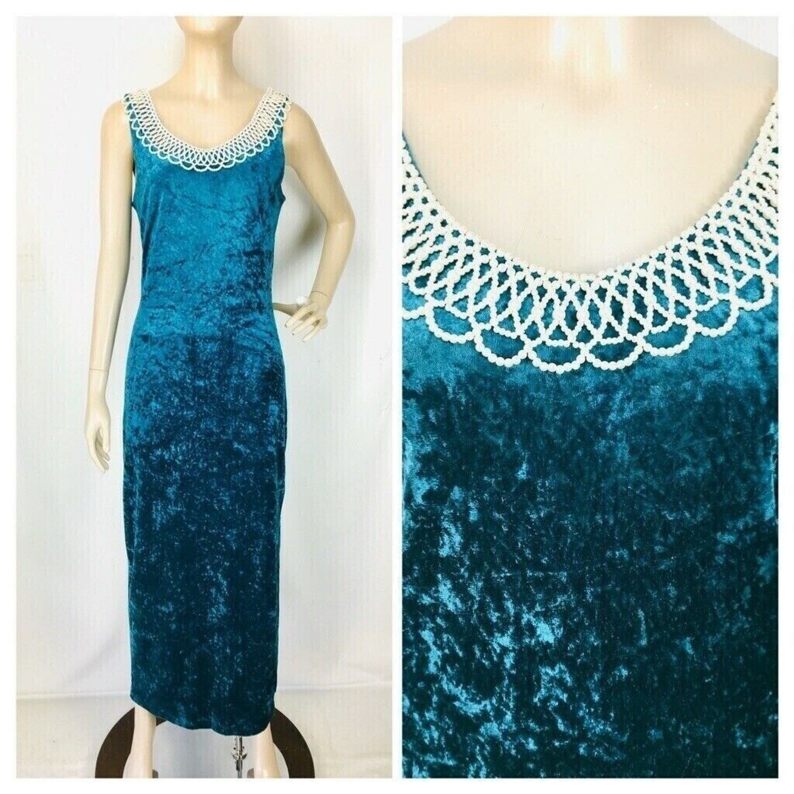 Vintage 90s Crushed Velvet Mermaid Green Wiggle Dress Pearl Collar All That Jazz