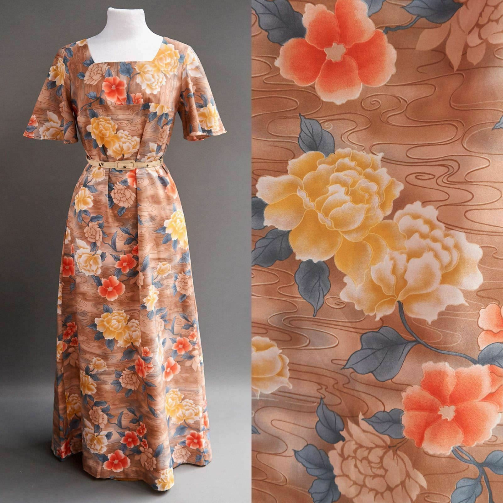 VTG 70s Made in Hawaii Asian Floral Swirling Water Flutter Sleeve Long Dress S M