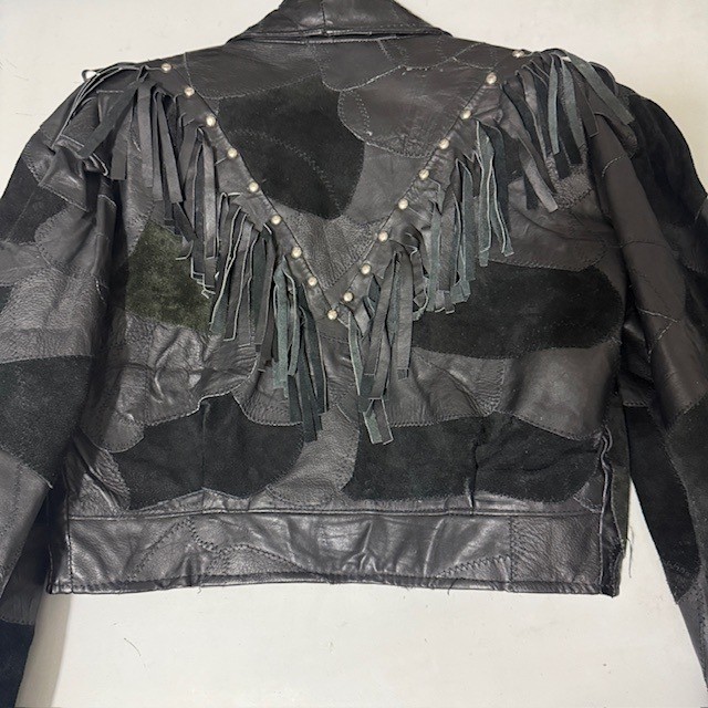 Vintage Black Leather Patchwork Fringe Jacket and Skirt Set Western Rocker Small