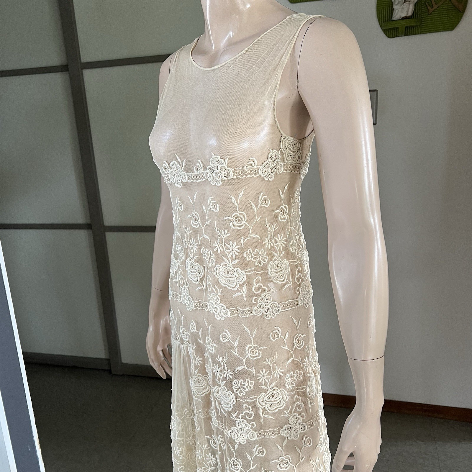1920s Vintage Sheer Net Lace Embroidered Flapper Dress S/M