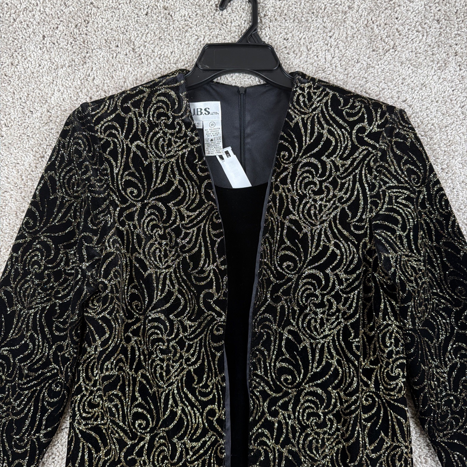 JBS Black and Gold Dress with Attached Vest and Shoulder Pads Size 10