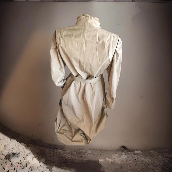 Vintage 80s Structured Funnel Neck Trench Coat Beige with Black Trim Accents