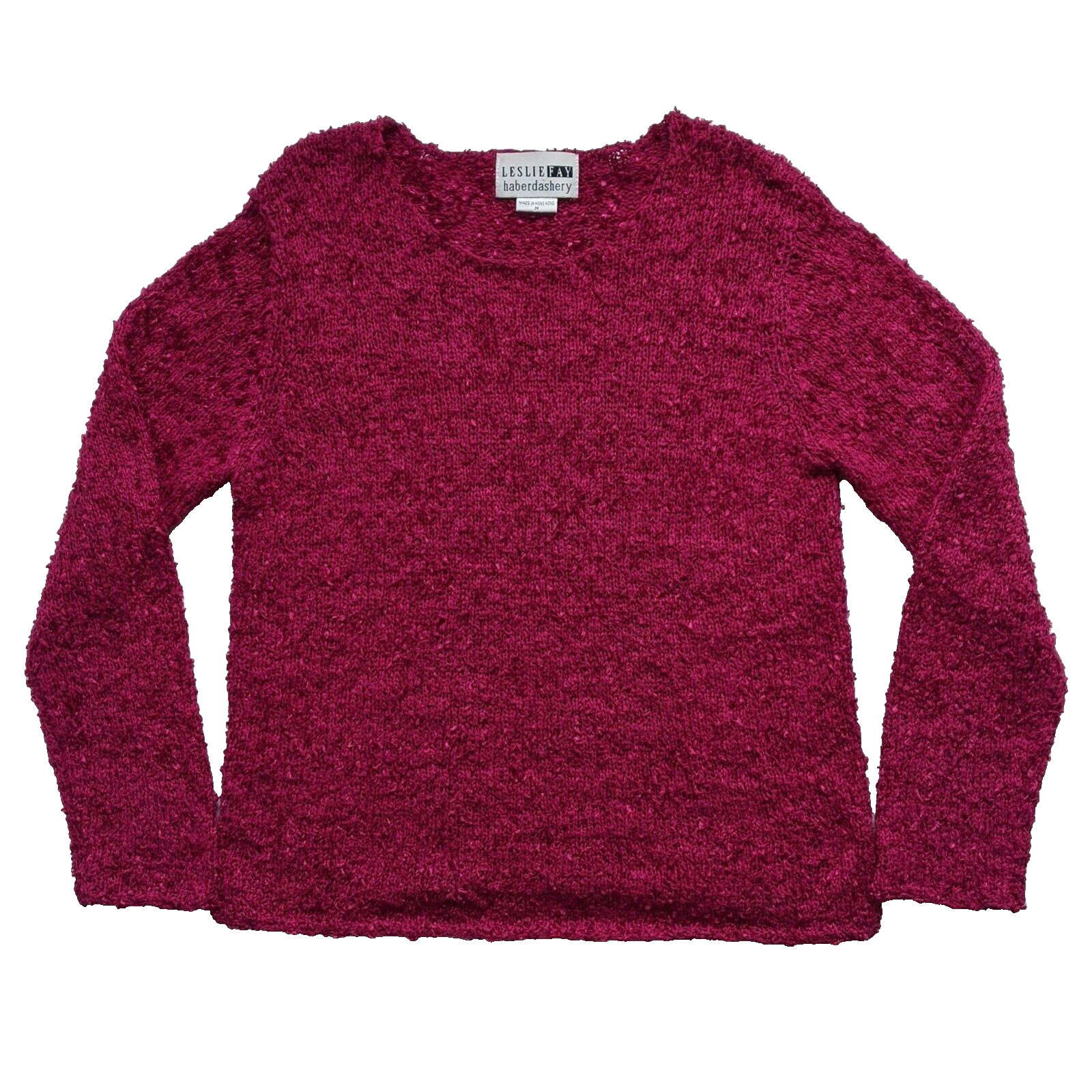 Vintage 80s Boucle Nubby Sweater M Raspberry Hot Pink Textured Casual Hong Kong