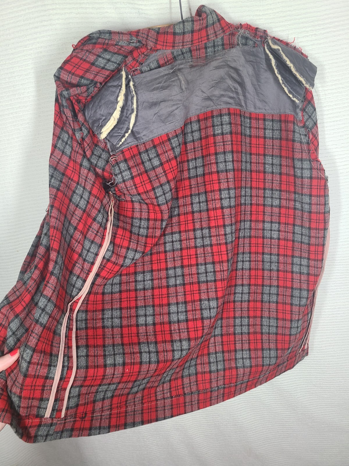 Vtg 50s Wool 49er Barn Jacket Gray Windowpane Plaid Hand Detailed L XL Worn
