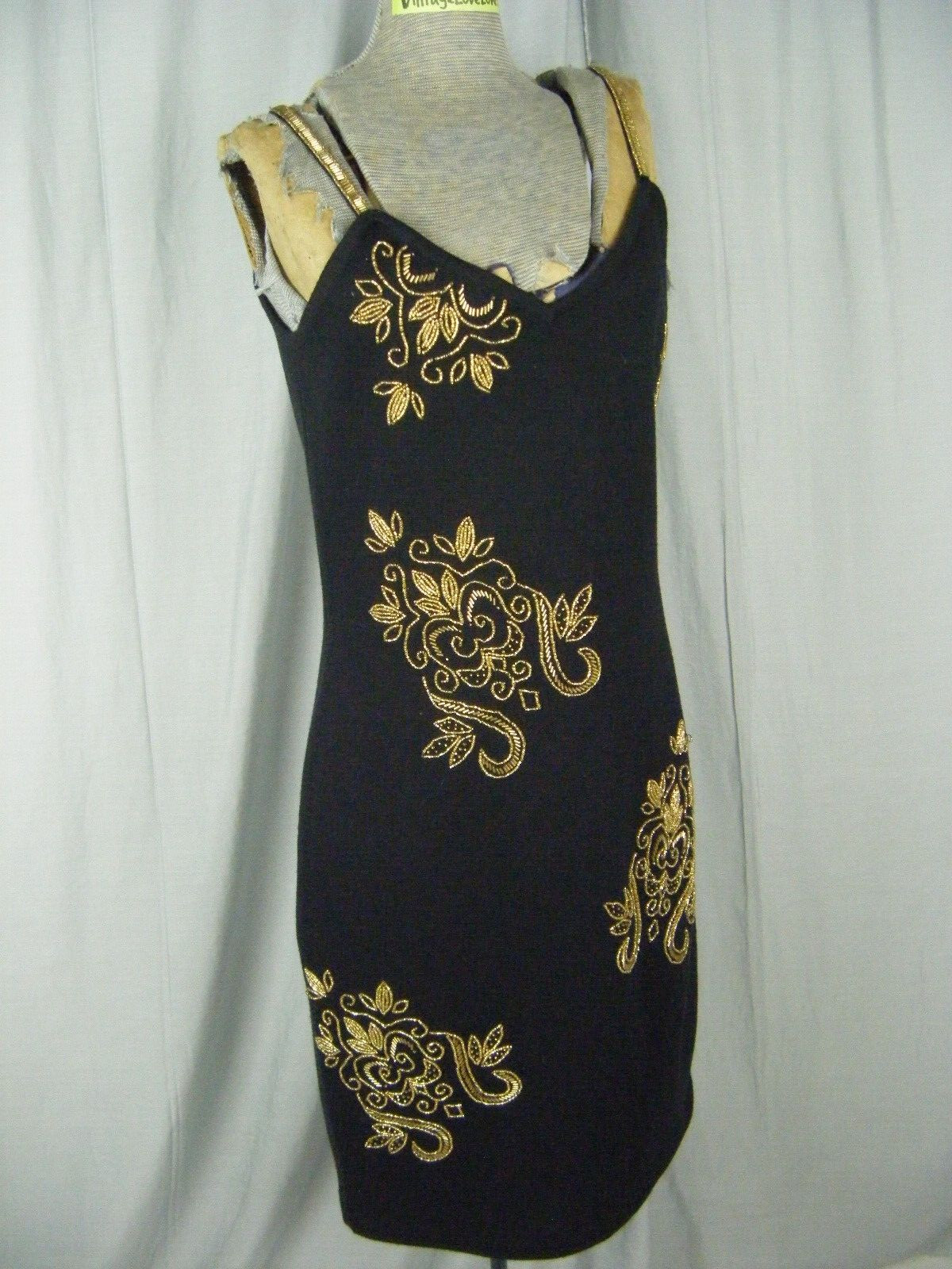 THE LIMITED Vtg 80-90s Black Wool Blended Golden Beaded Dress-Bust 34.5/S-M