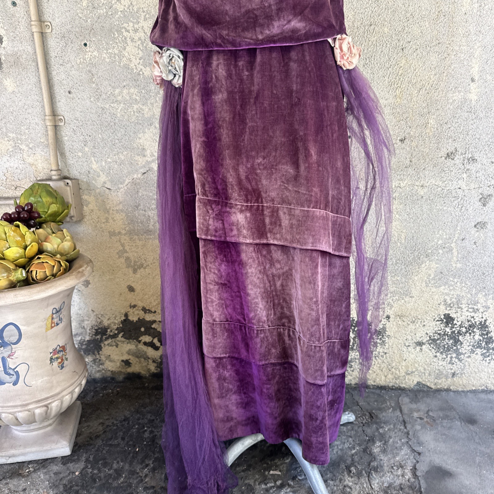 Antique Teens 1920s Purple Silk Velvet Gown Silver Lamé Flowers Dress Vintage
