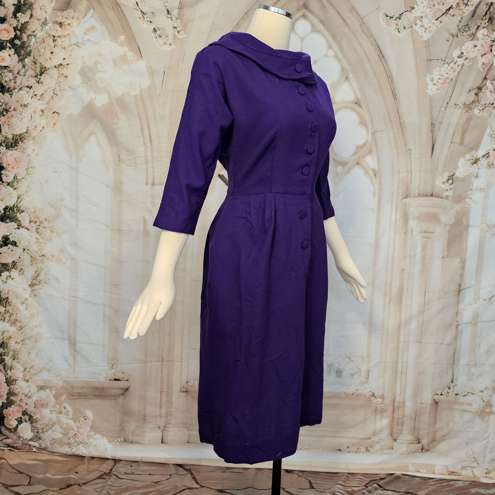 Vintage 1950s Fitted Wiggle Dress Wool Purple A Pomette Fashion Pinup Rockabilly