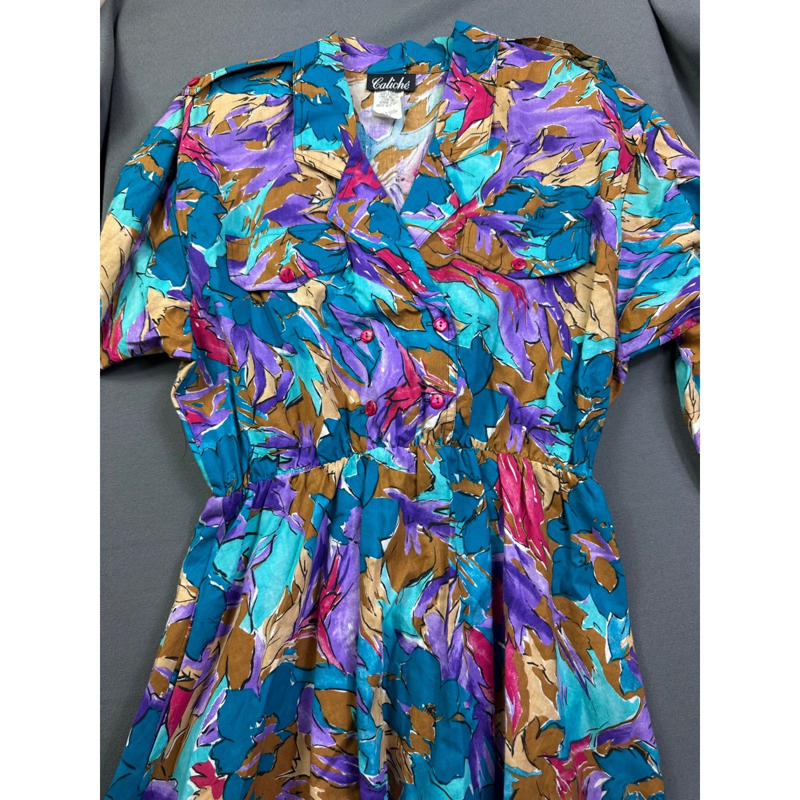 VTG Caliche 80s Abstract Floral Midi Dress Teal Purple Button Front Women 16P