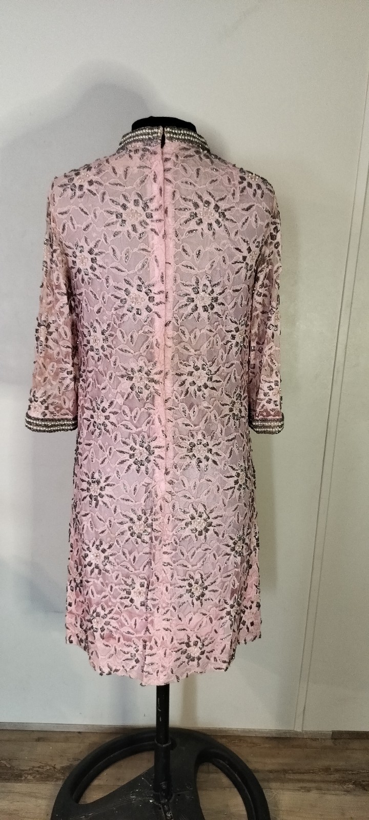 Valentina Ltd. Pink Silver Beaded Lace Dress Vintage Original Size 10