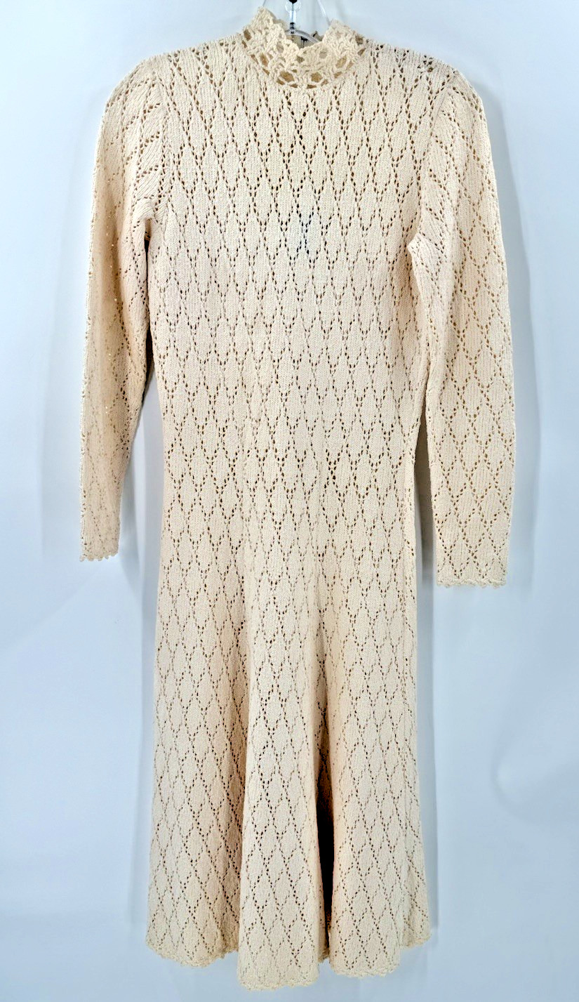GORGEOUS Vintage Miss Joann California Cream Knit High Neck Maxi Dress A-Line 10