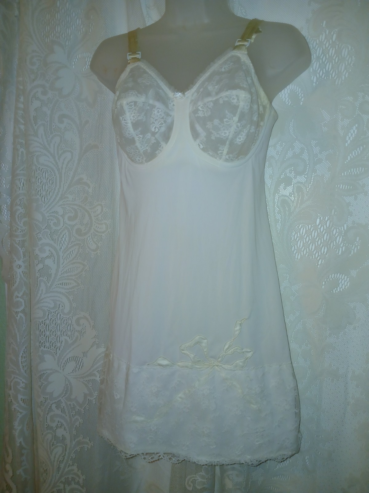 Vintage 50s White Underwire Bra Slip Dress Floral Nylon Lace Applique 32D S