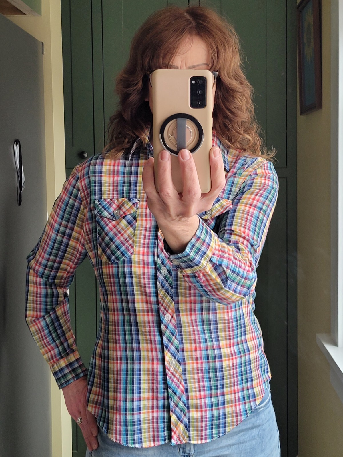 Vtg Amy Barr Shirt 70s Lightweight Thin Long Sleeve Rainbow Plaid Womens Sz M 36