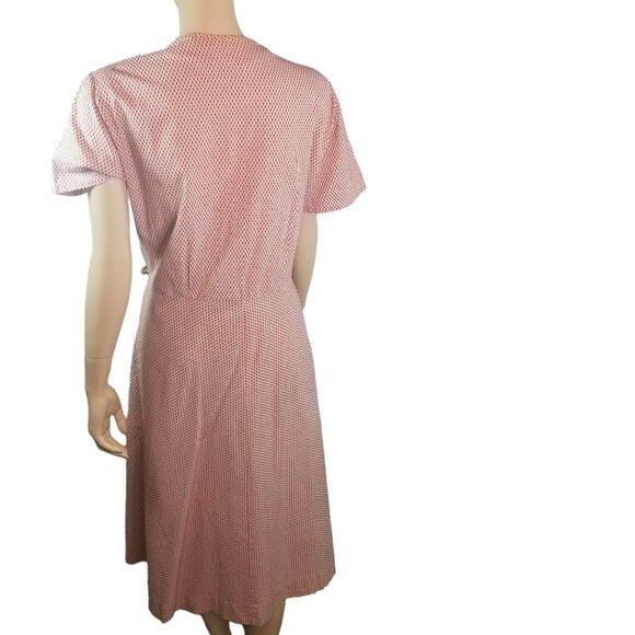 Vtg 40s red blue print button up day dress WWII era Victory Pinup VOLUP SIZING
