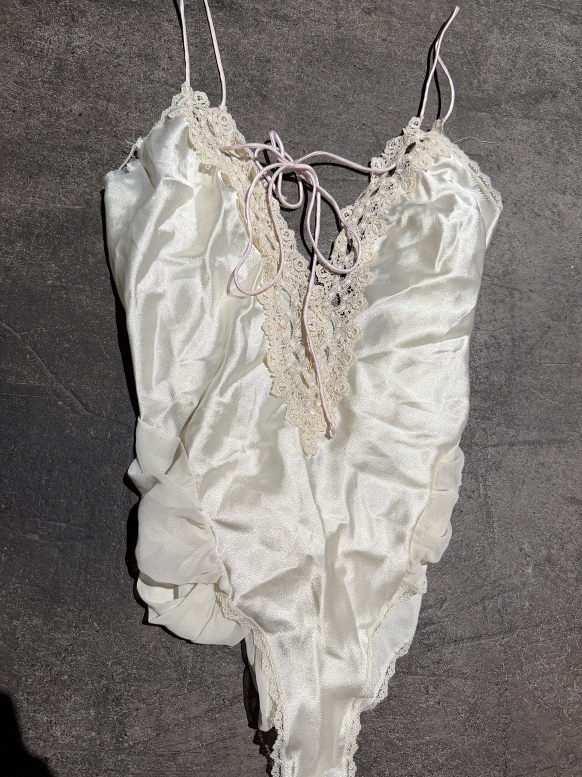 Vintage 1970s Victorias Secret Satin Lace Trim Bodysuit With Bow