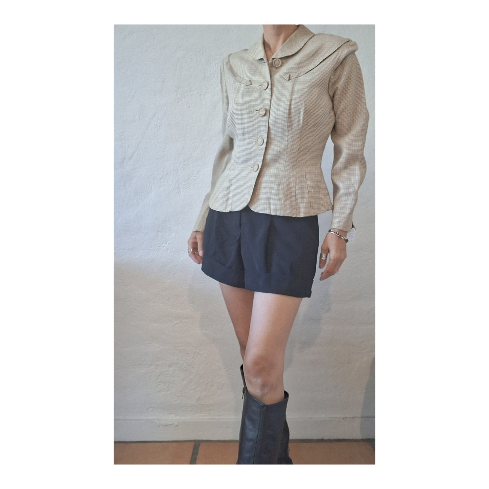 Vintage 40s Tailored Hourglass Blazer Jacket Houndstooth Portrait Collar Small