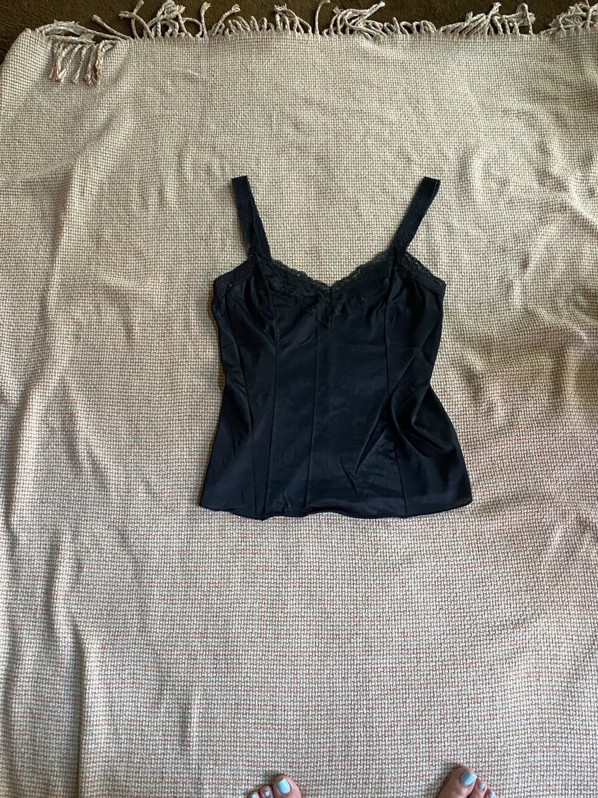Vintage Black Cami With Lace, No Tags, Measurements And Photos