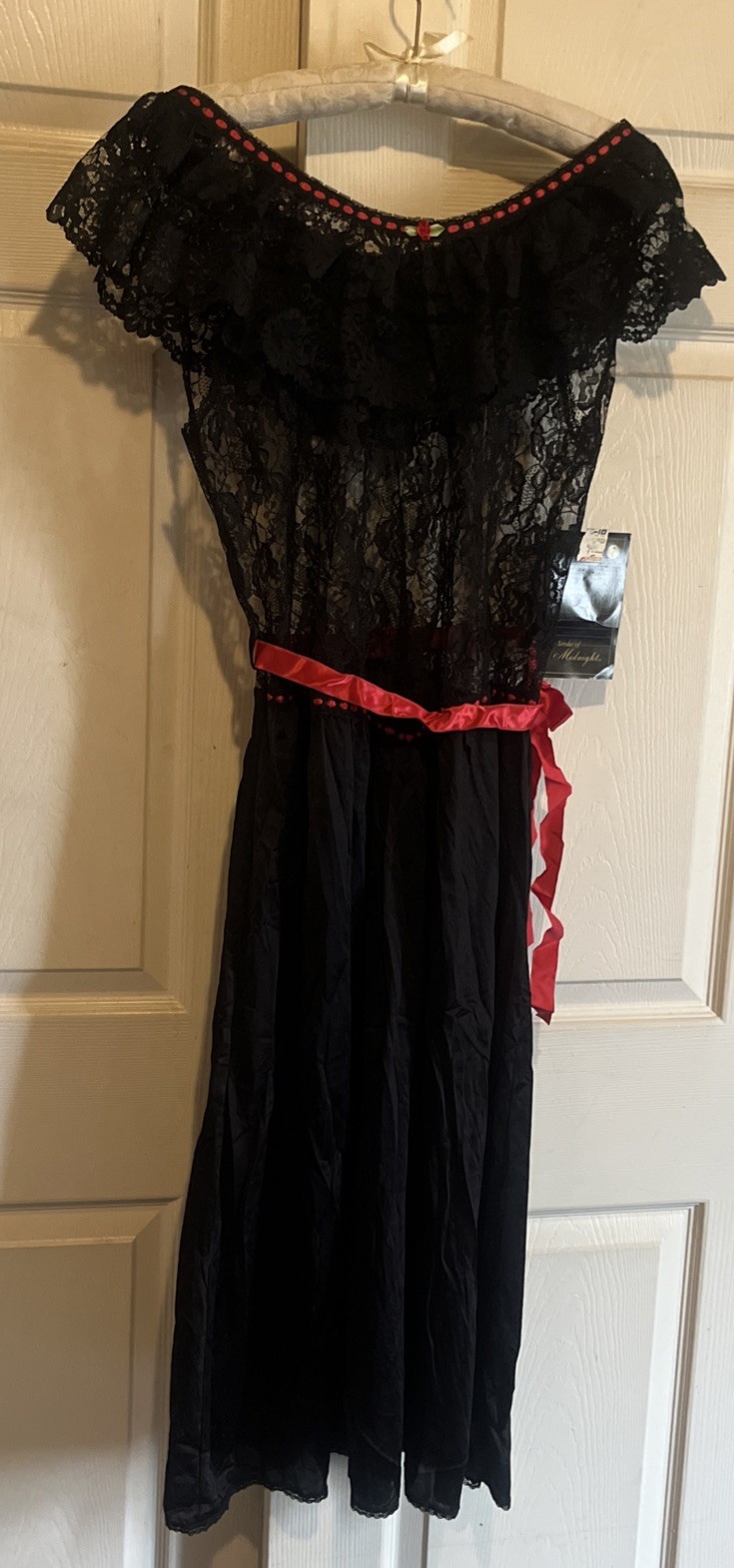 Vtg Stroke of Midnight black Lace Off Shoulder Lingerie Gown 80’s L USA