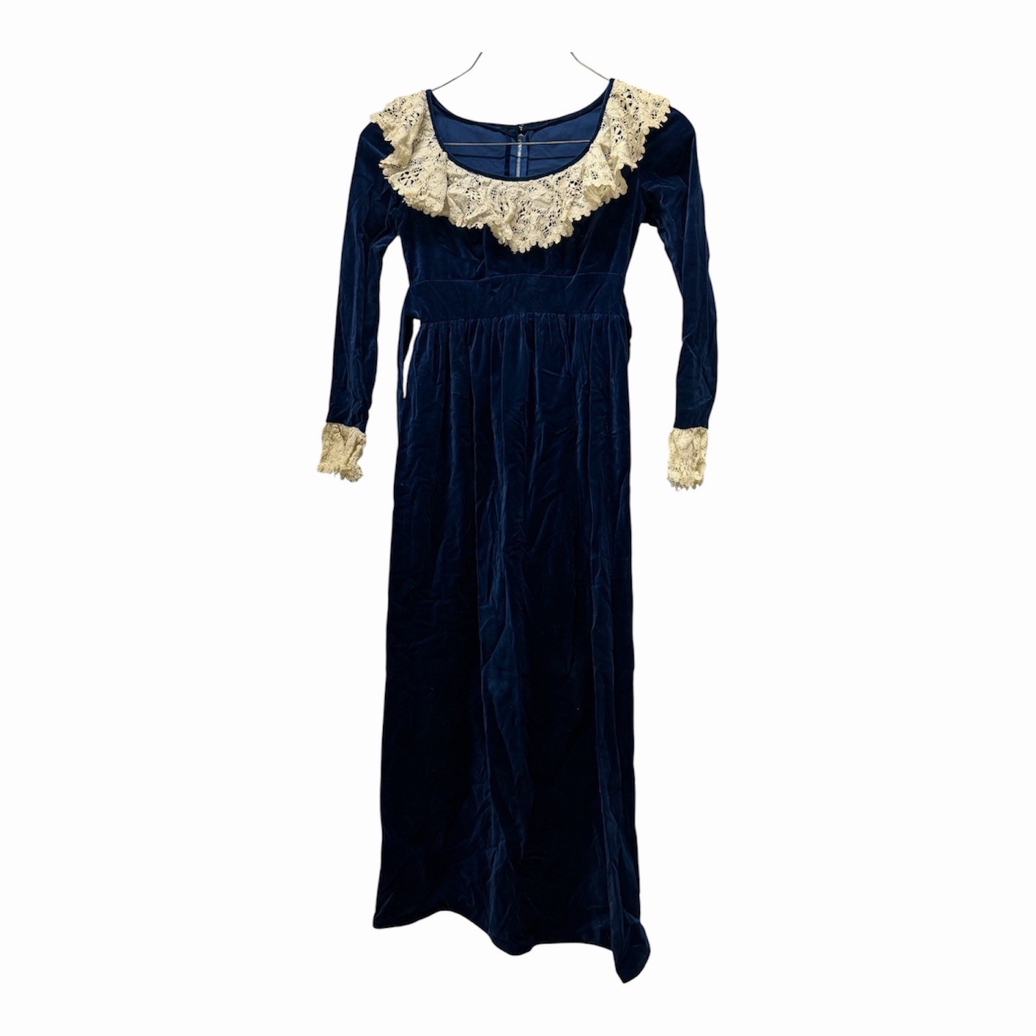 Vintage Blue Velvet Maxi Dress w/ Lace Collar Prairie Victorian Cottagecore