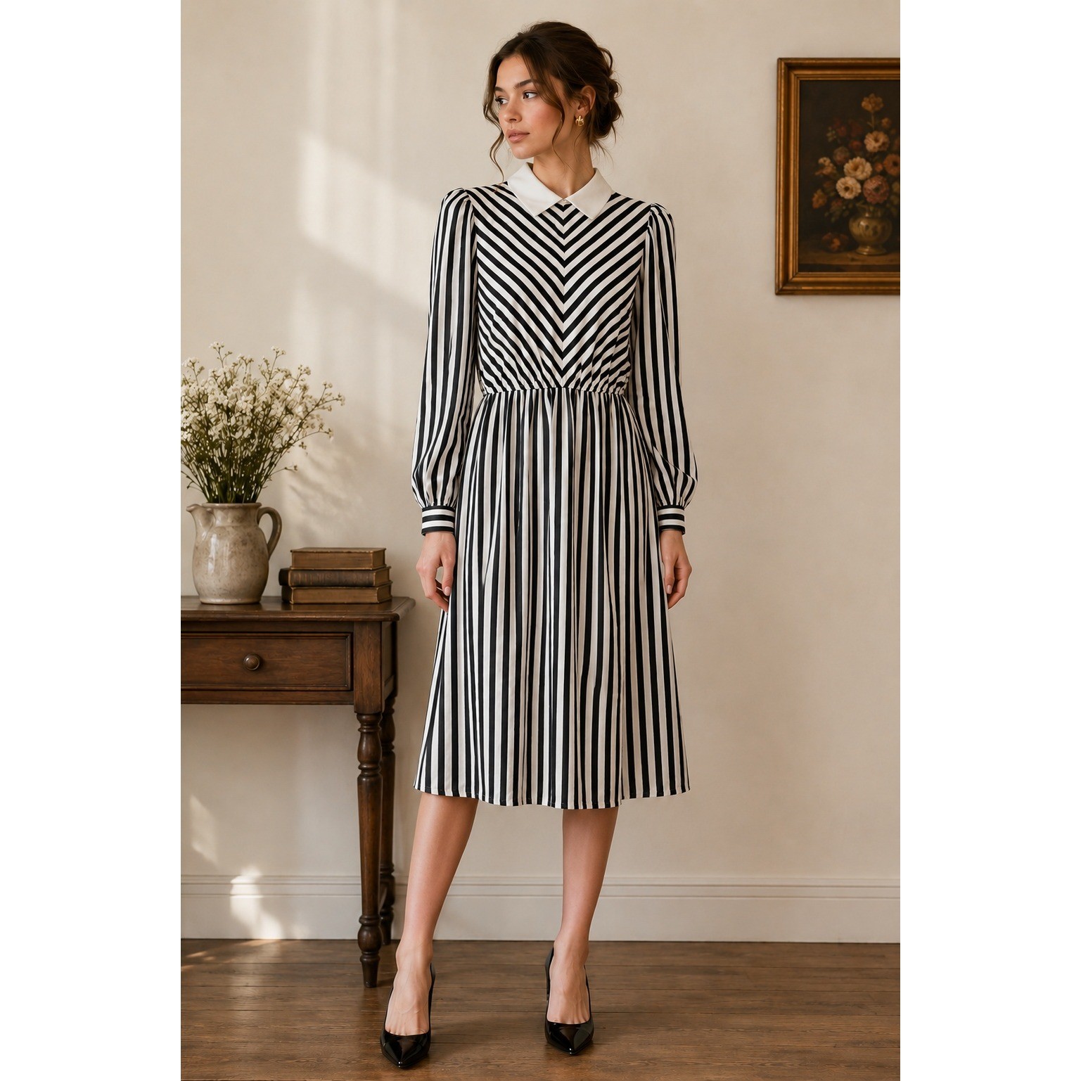 80s Periwinkle Midi Dress Striped Mod Dark Academia Parisian Dark Preppy Goth
