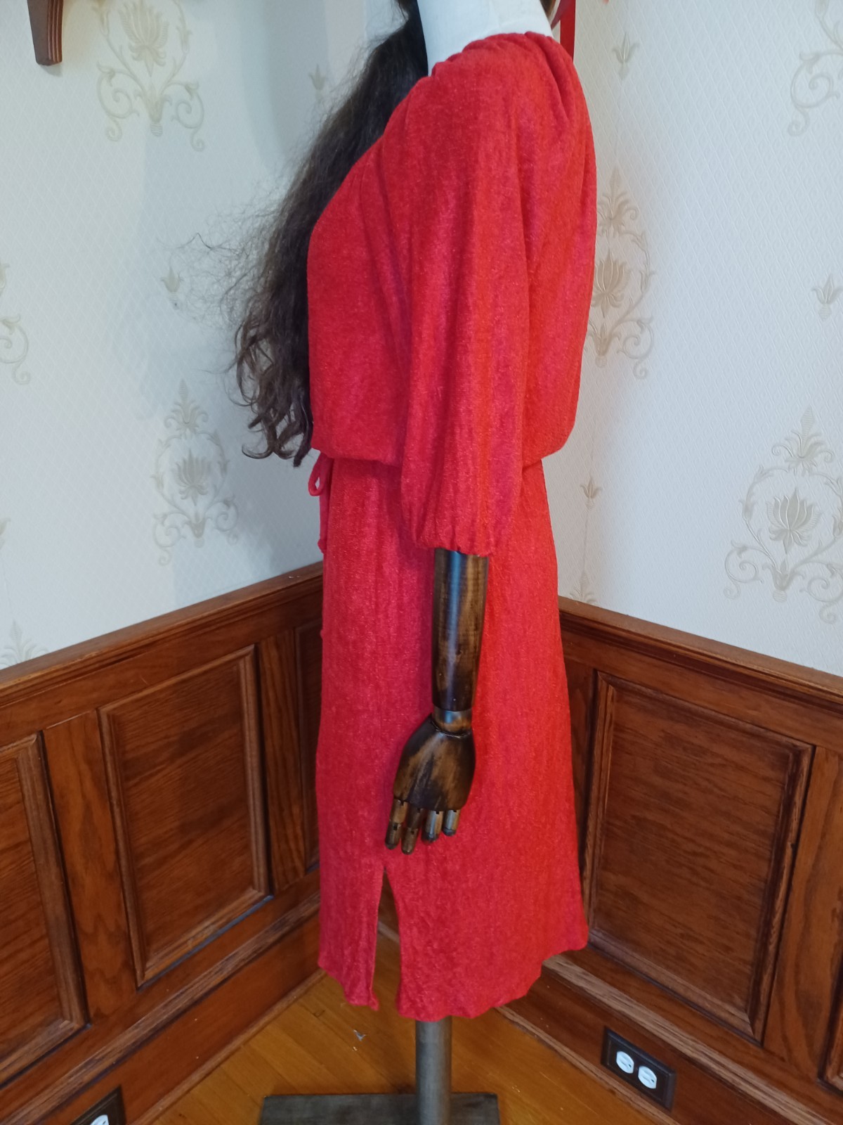 Vintage 1960s/1970s Red Terrycloth Puff Sleeve Boho Hippie Hostess Midi Dress