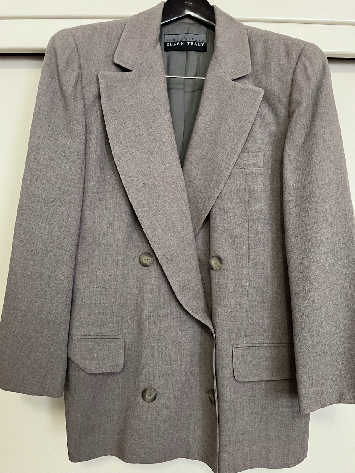 VTG Ellen Tracy Linda Allard 100% Wool Double Breasted Blazer Taupe Brown Sz 12
