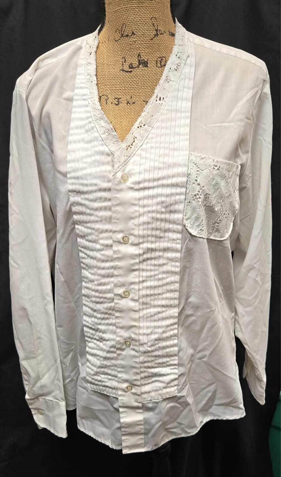 VTG Customized Neil Allyn Polycotton & Lace Ladies Tuxedo Shirt, Sz M 32/23