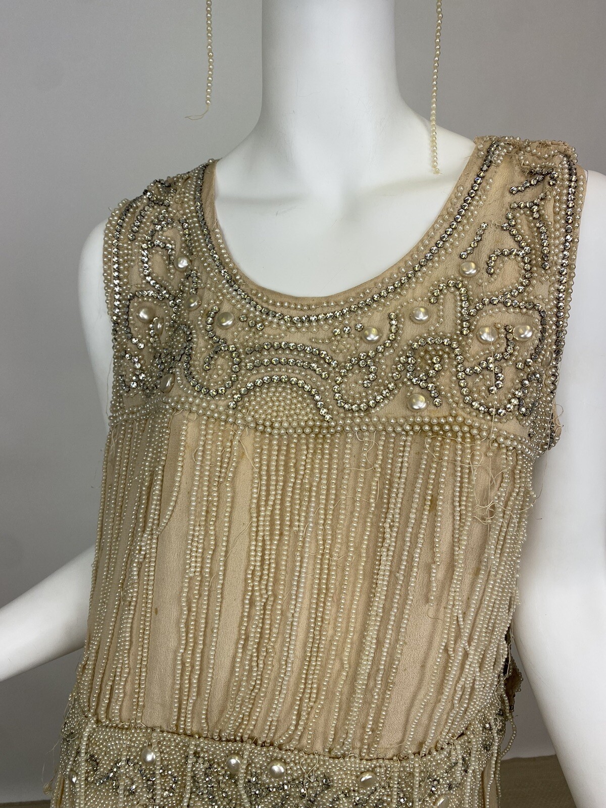 Real Antique 1920s Flapper Wedding Gown Train Headpiece Pearls Rhinestones