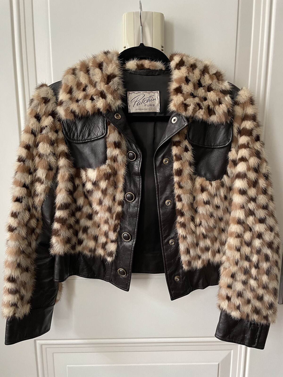 VINTAGE 1970’s PATCHWORK LEATHER & FUR CROPPED JACKET MONOGRAM NAME RARE! XS-SM