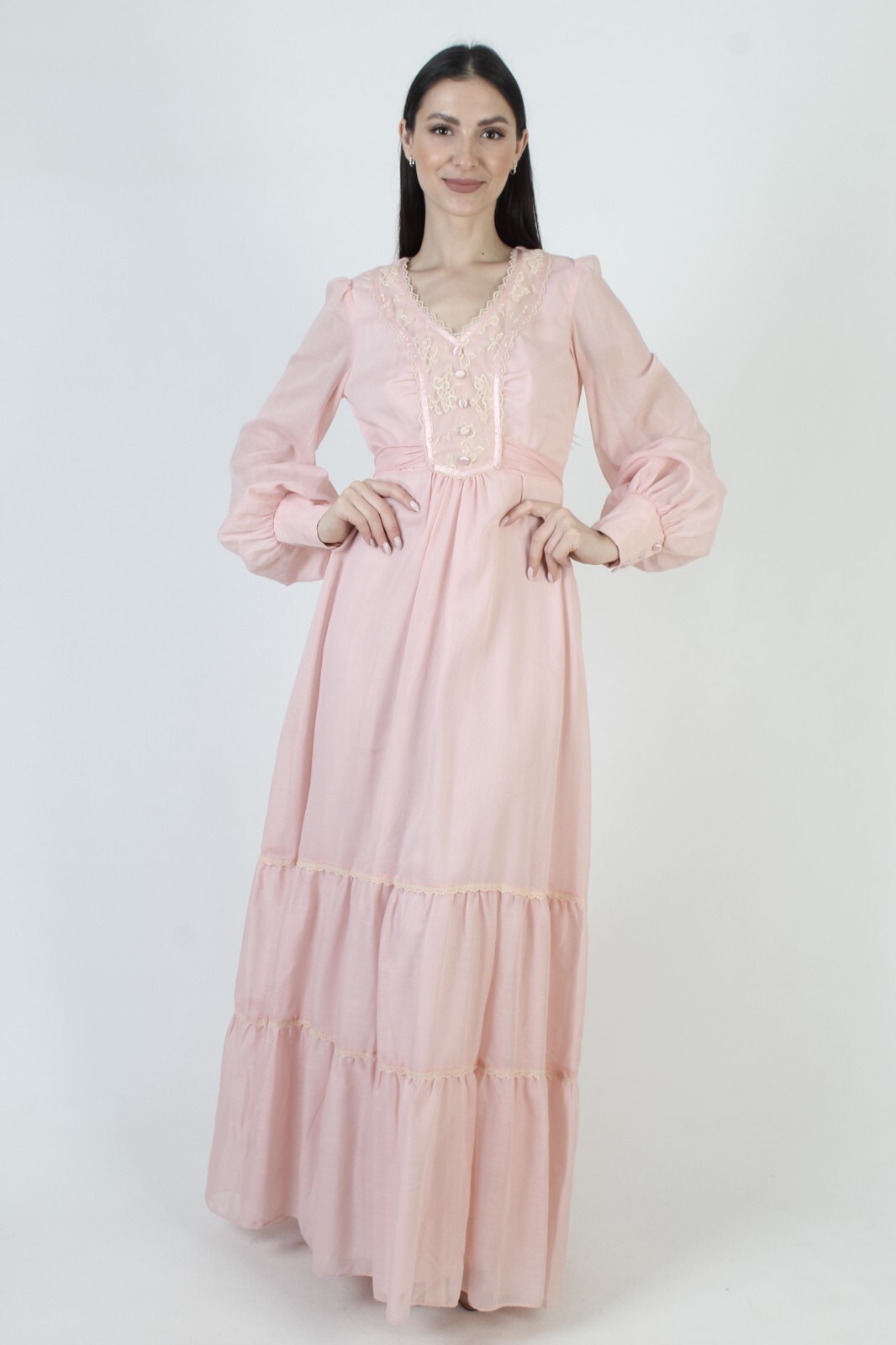 Vintage Candi Jones California Dress Pink Barbiecore Prairie Victorian Maxi Gown