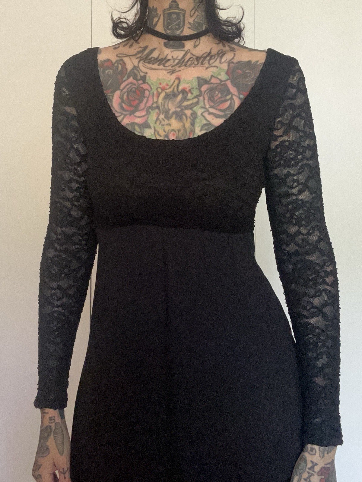 Vintage 90s Rampage Lace and Chiffon Black Long Sleeve Dress