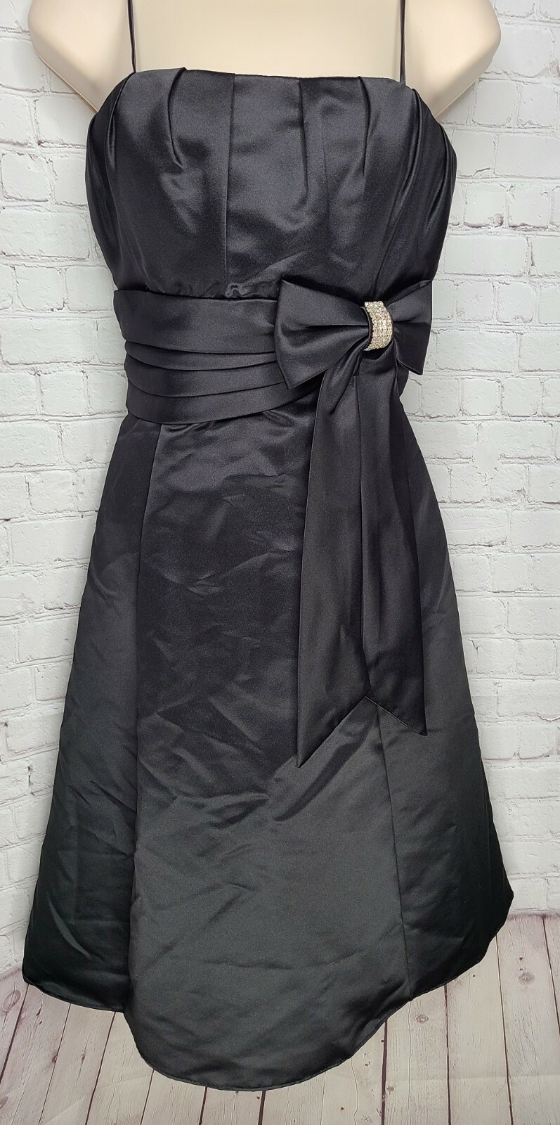 Vtg 90s Y2K FIESTA Black Satin Big Bow Rhinestone Hoco Prom Party Dress Sz M