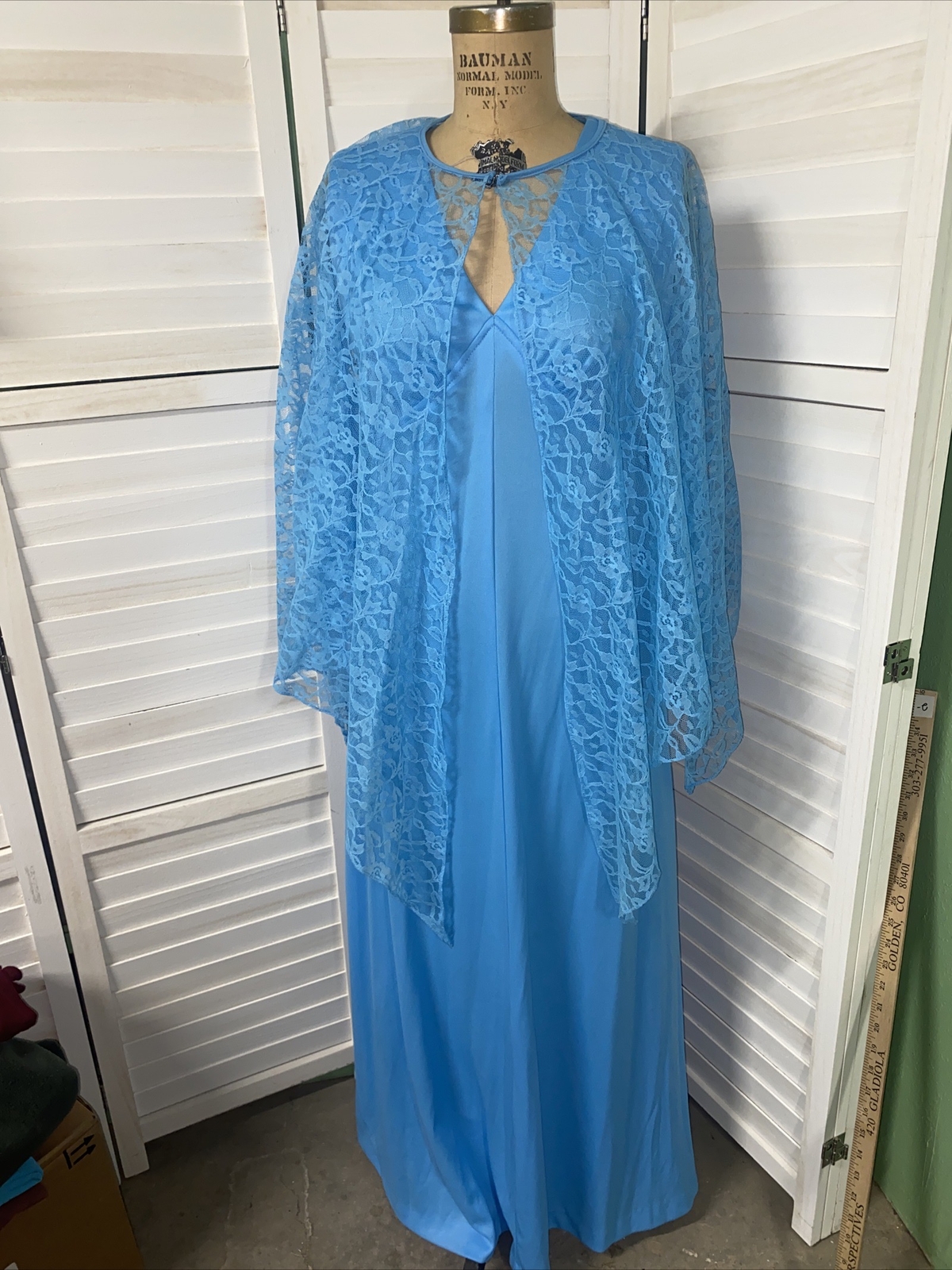 Vintage Handmade 2 Piece 70s Women’s Blue Party Hostess Maxi Dress Knit Lace