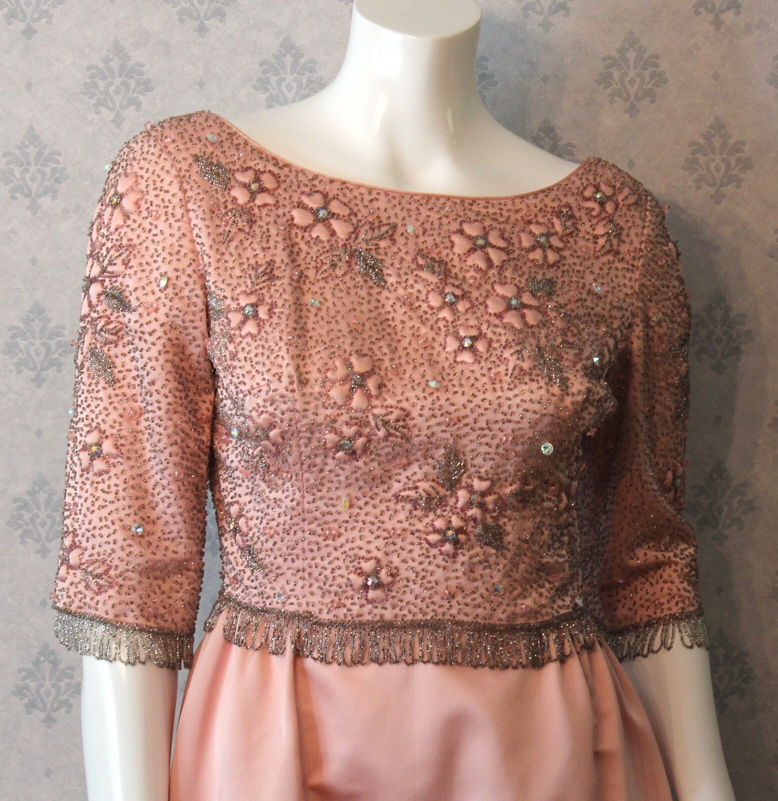 Vintage 1960s Pink Satin and Silver Beaded Victoria Royal Ltd. Hong Kong Gown