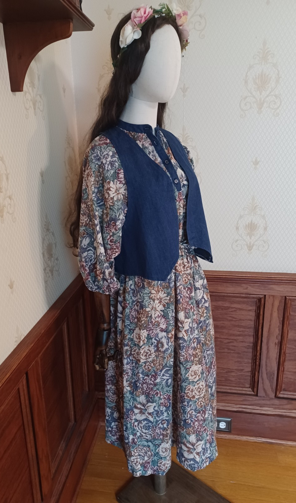 Vintage 1970s Patty O’Neill Cotton Denim Floral 2 Piece Boho Prairie Dress
