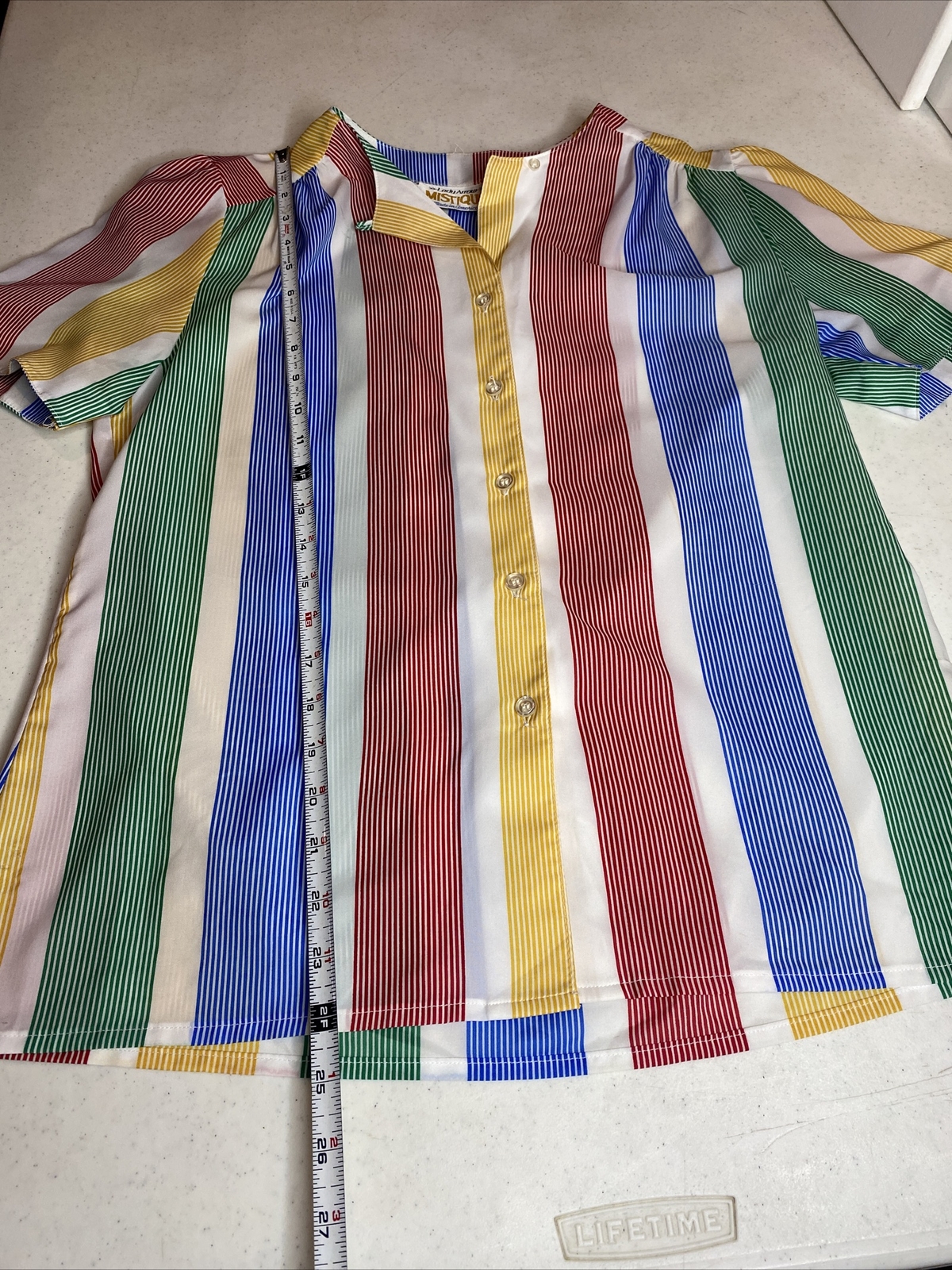 Vtg Rainbow Button Up Short Sleeve Top Blouse USA Made Lady Arrow Mistique