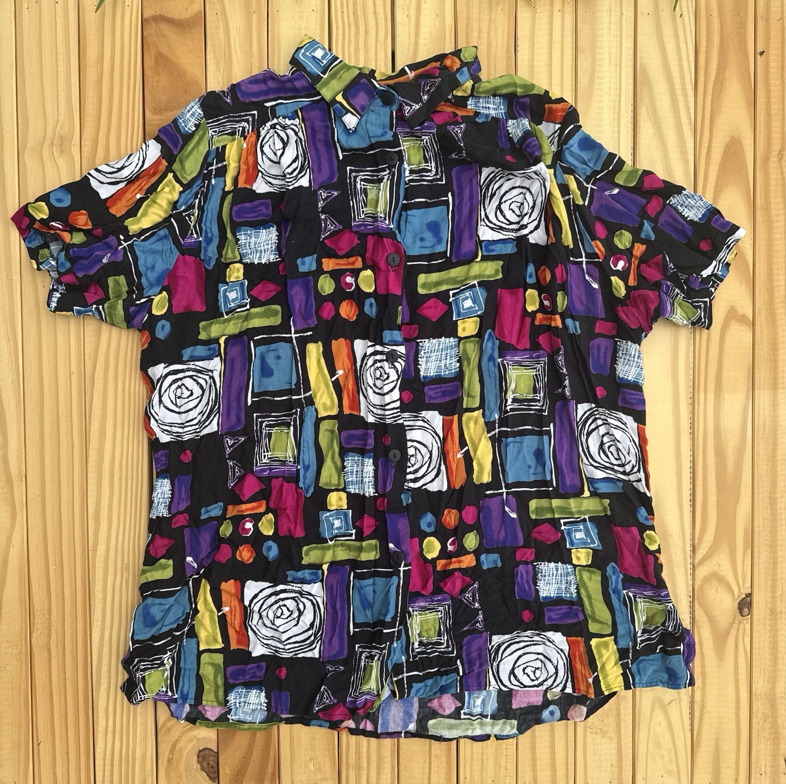 Vintage 1980s Abstract Artsy Bright Colorful Button Down Blouse Black 1X