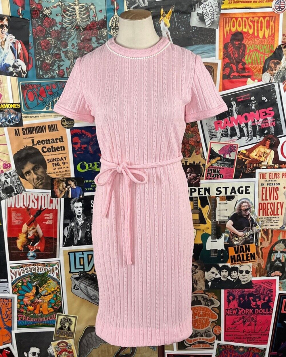 Vtg 60s Pink Knit Leslie Fay Retro Glam Belted Dress XS/S Women