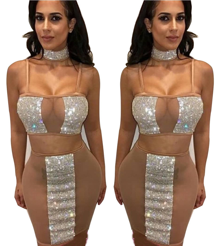 New Women Sexy Mesh Transparent Summer Strap Sequin Club wear Mini Dress #(L)